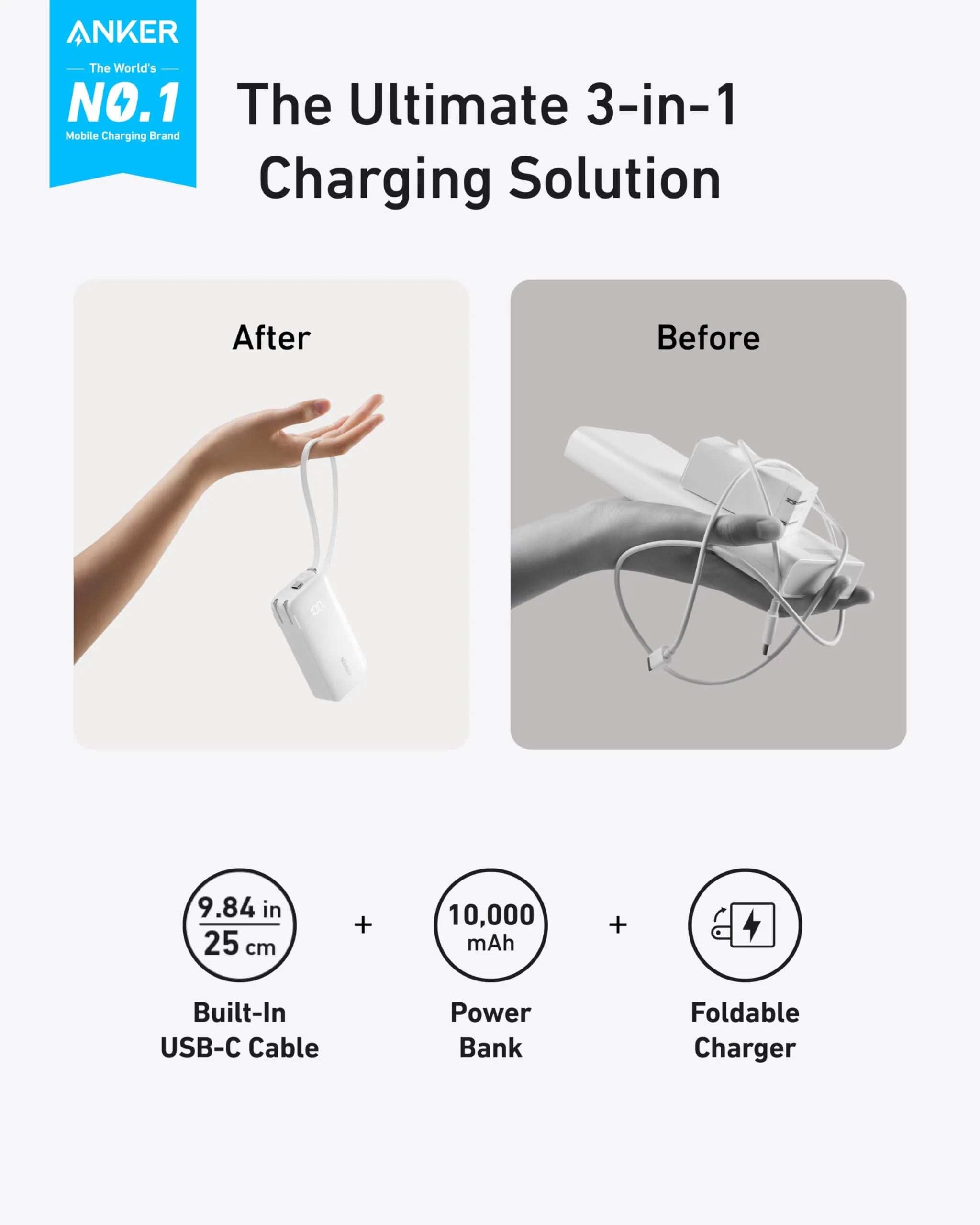 شاحن جداري وباور بانك أنكر 10K Fusion بقوة 30 واط مع منفذ USB-C مدمج