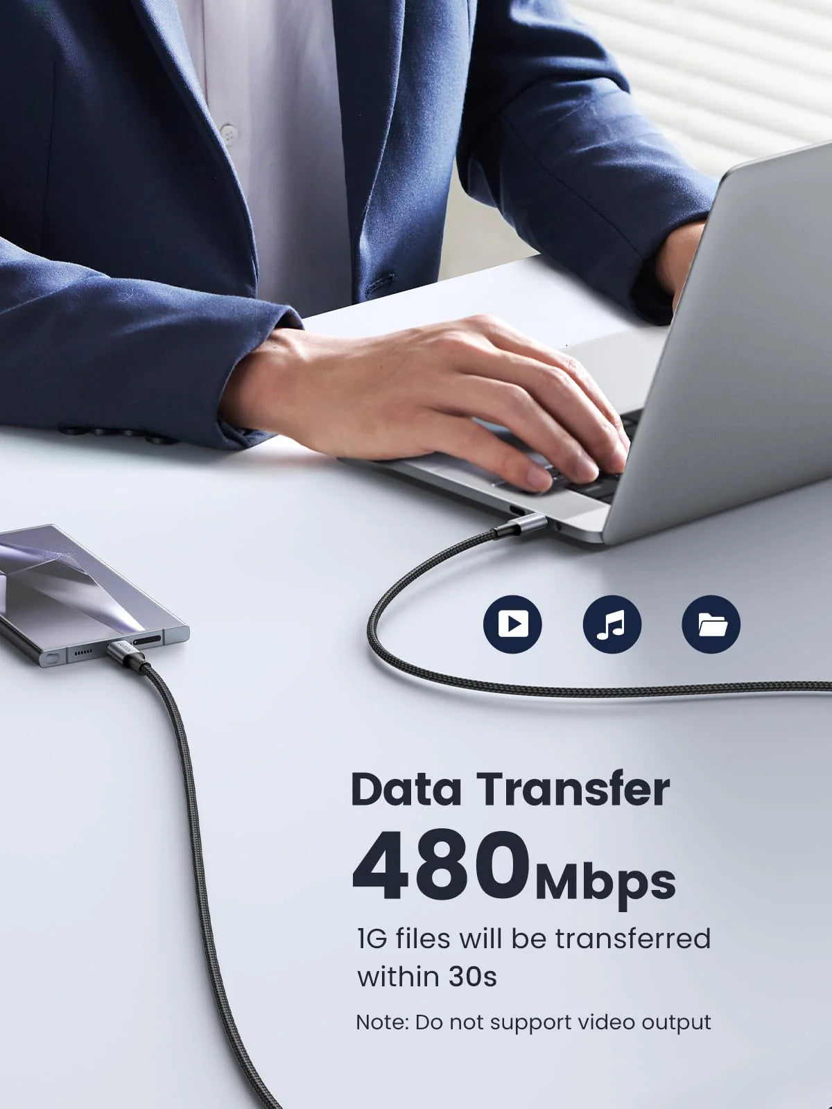 كابل شحن سريع USB-C إلى USB-C من يوجرين، يدعم الشحن السريع PD بقوة 100 واط كحد أقصى، لون رمادي فلكي، 1 متر