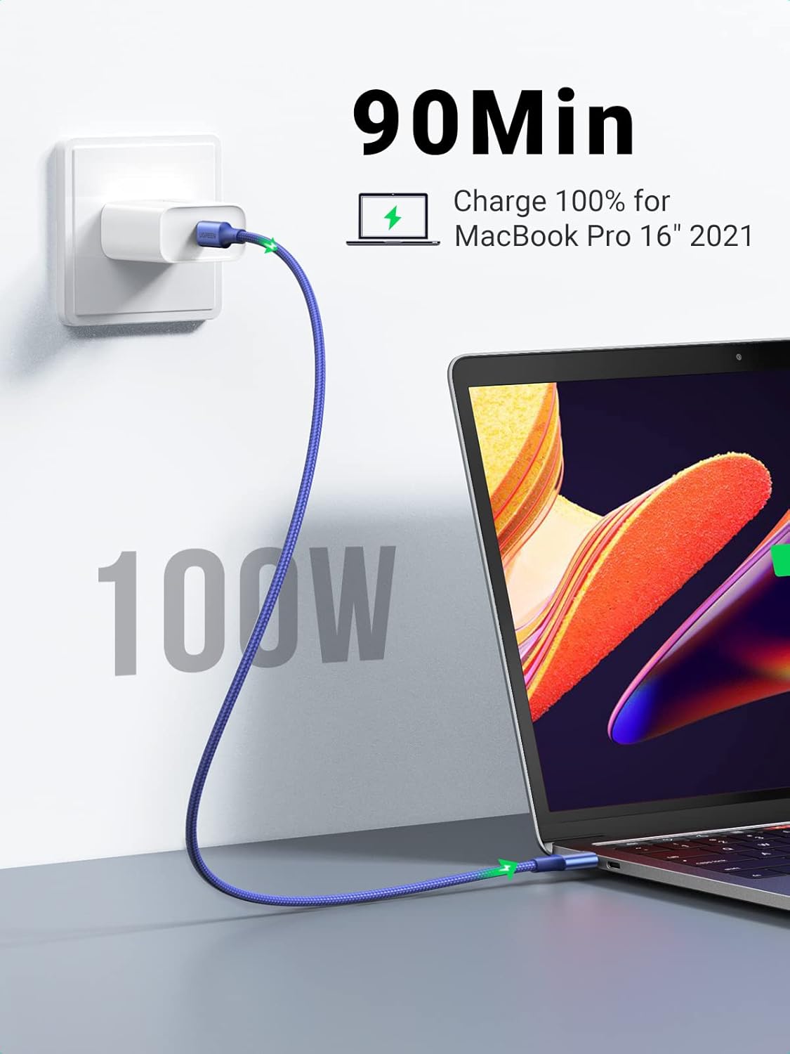 UGREEN USB-C to USB-C PD Fast Charging Braided Cable 100W Max 1m Blue