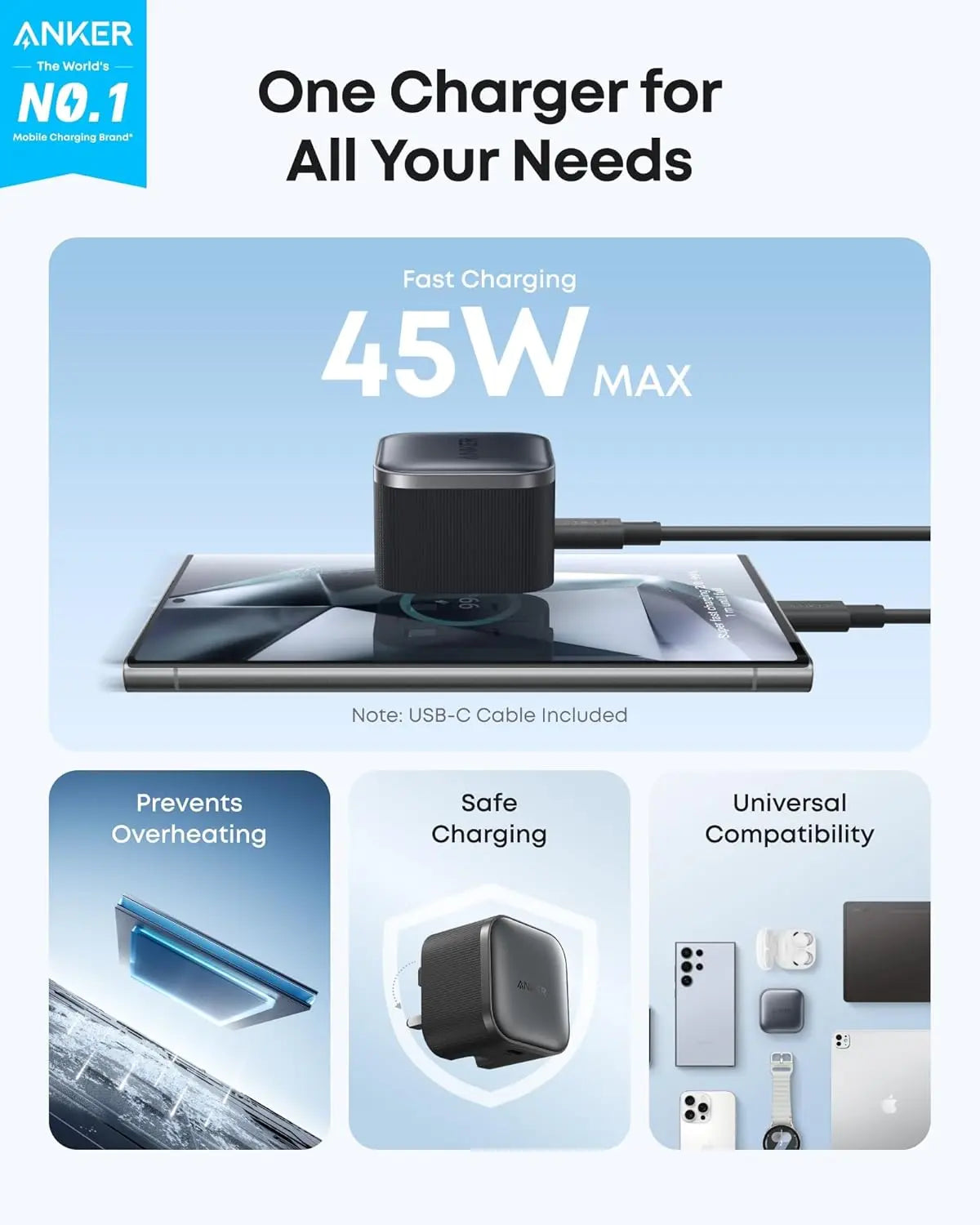 شاحن أنكر نانو (45 واط) مع كابل USB-C إلى USB-C