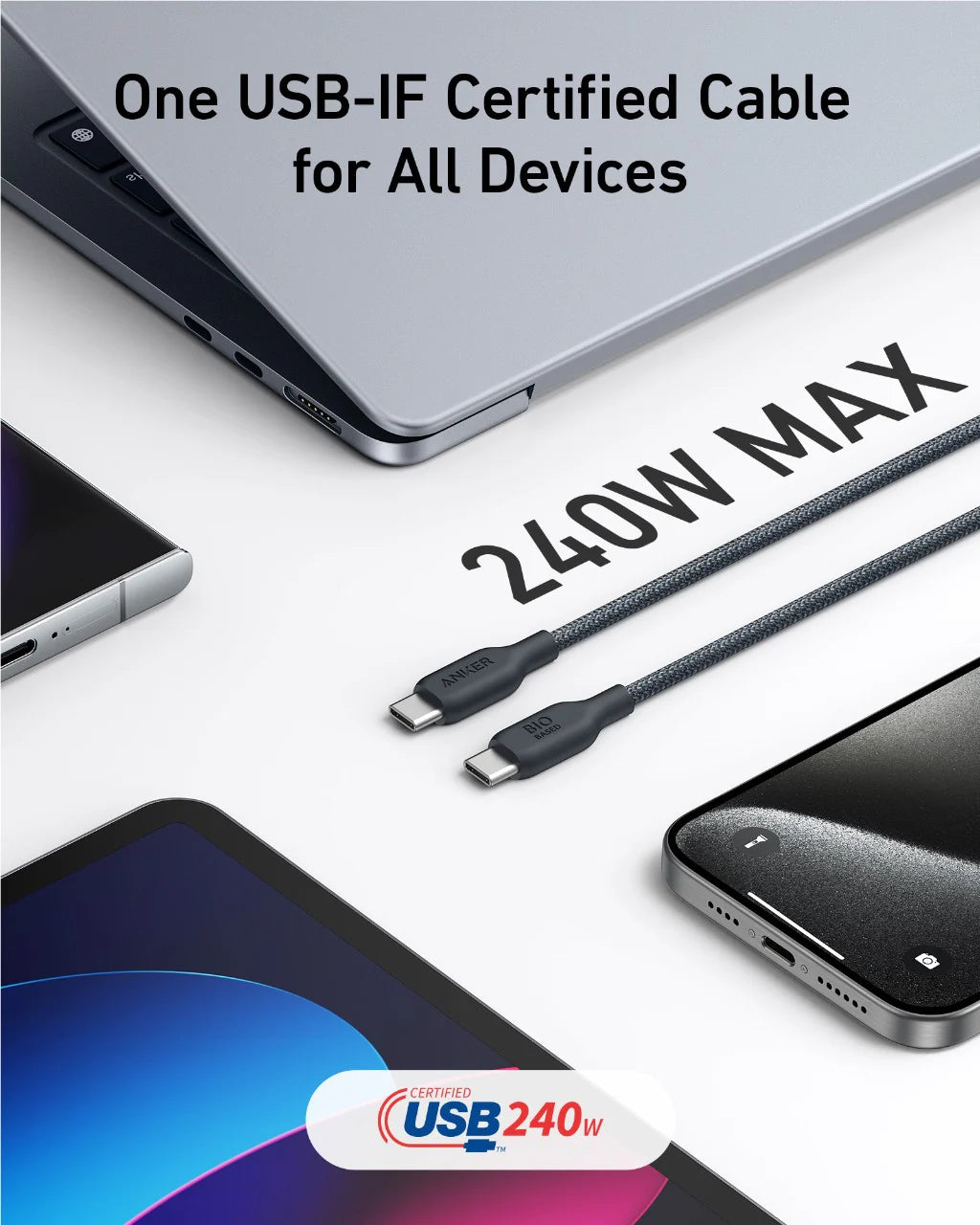 ANKER PowerLine III Flow، كابل USB-C إلى USB-C بقدرة 240 واط