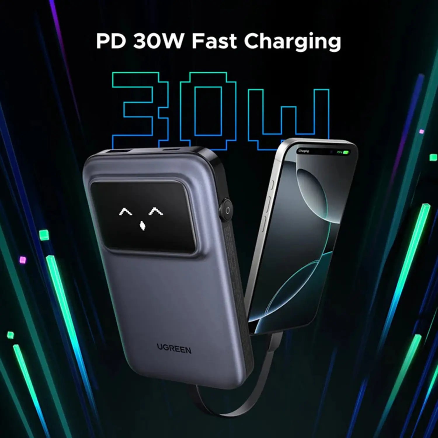 UGREEN Uno Power Bank USB-C and USB Ports with Built-in Cable 10000mAh 30W  PB511 - Gray