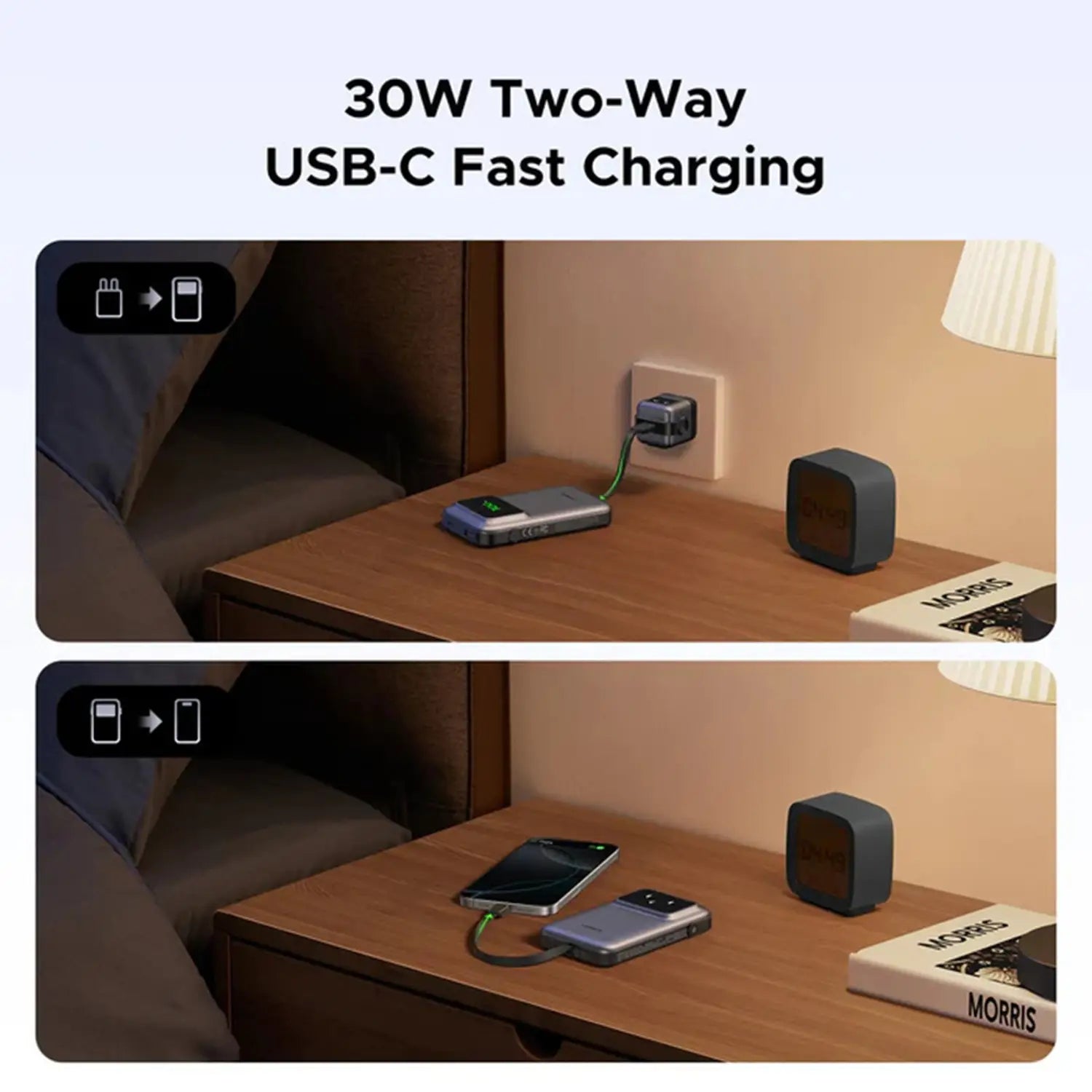 شاحن محمول يوجرين أونو بمنفذي USB-C و USB مع كابل مدمج 10000 مللي أمبير 30 واط PB511 - رمادي
