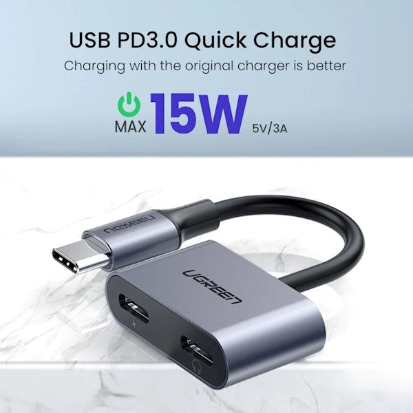 UGREENU 2-IN-1 USB-C TO HEADPHONE & CHARGER ADAPTER Grey