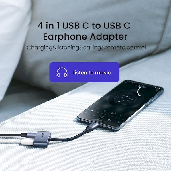 محول يو جرين 2 في 1 USB-C لسماعة الرأس والشاحن، رمادي