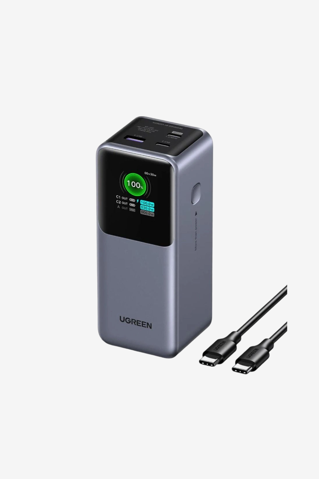 UGREEN PB721 External Battery, 20000mAh, 130W, QC + PD, 1 x USB-A - 2 x USB-C, Gray