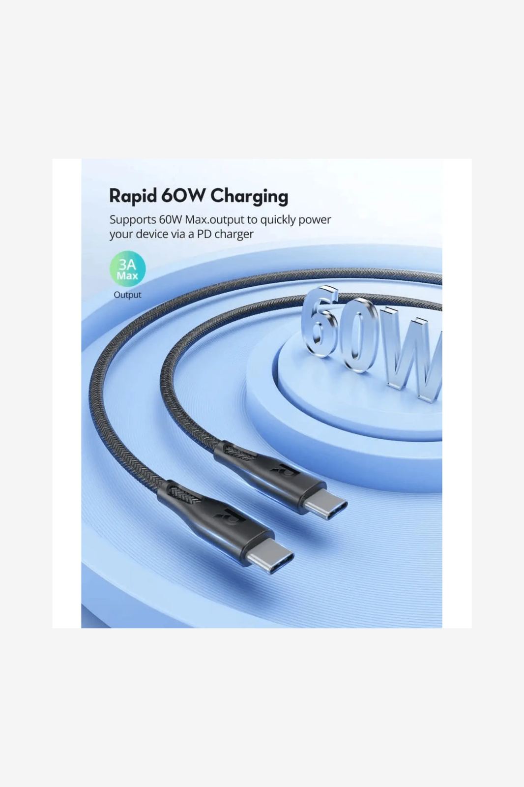RavPower 60W Fast charging Type C to C Cable 1.2m Nylon Color Braid Cable Offline C C 3A 60W 480Mbps Nylon braided