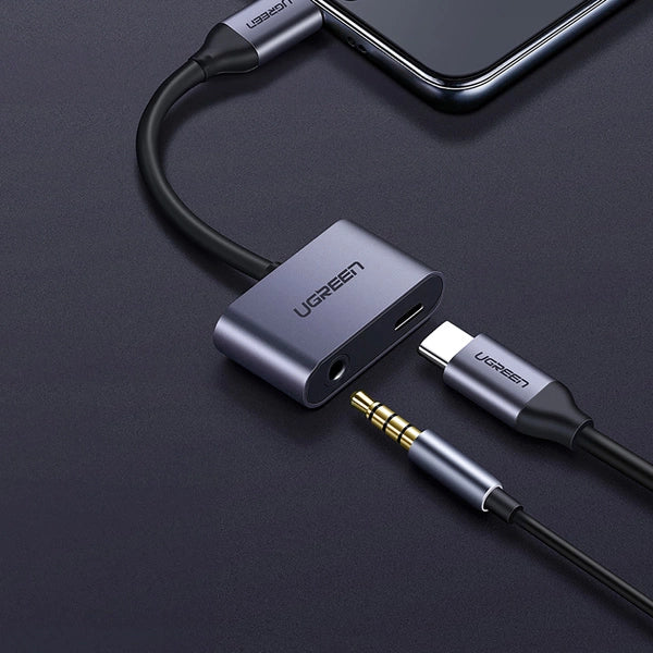 UGREENU 2-in-1 Charge & Audio USB-C To 3.5mm Audio Adapter - 1.5A Gray