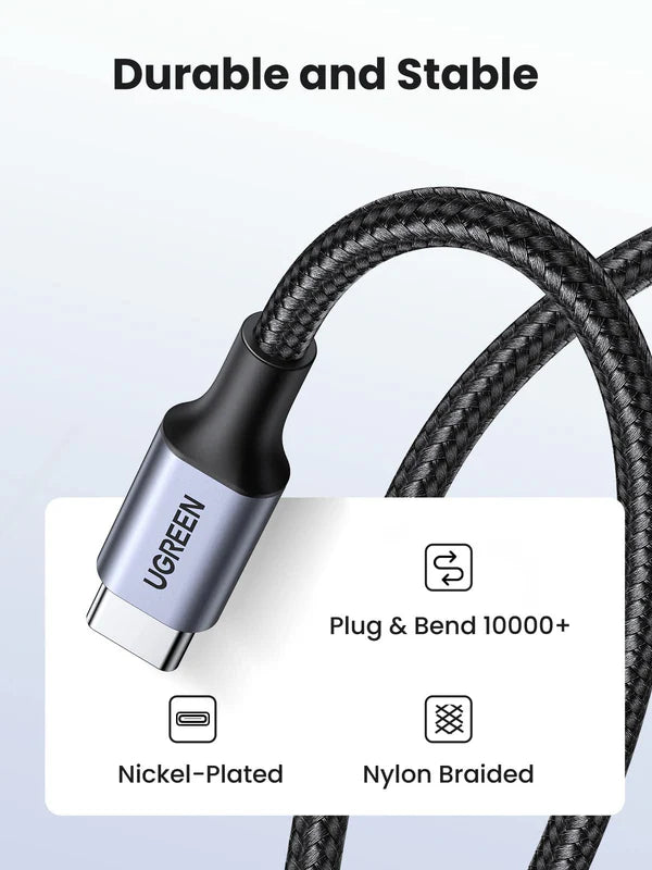 كابل UGREENU USB-C إلى USB-C للشحن السريع بتقنية PD مضفر بقدرة 60 واط كحد أقصى بطول 1 متر