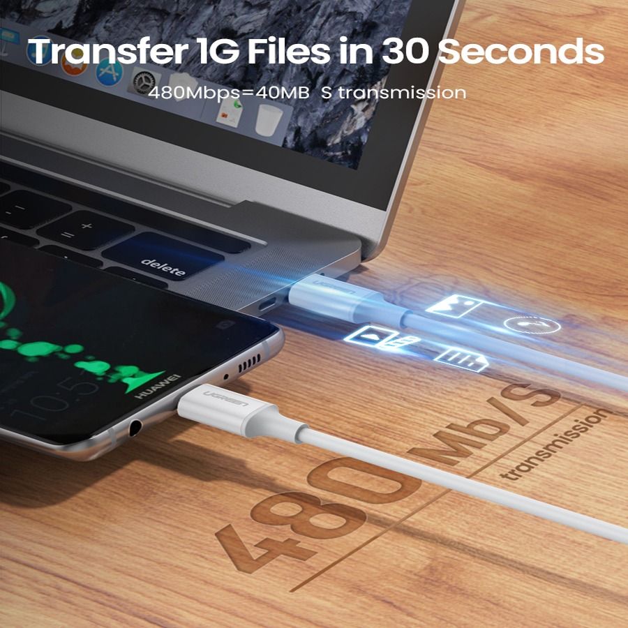 UGREENU كابل USB 2.0 C ذكر/ذكر، غطاء ABS، بطول 2 متر، 60 واط (أبيض)